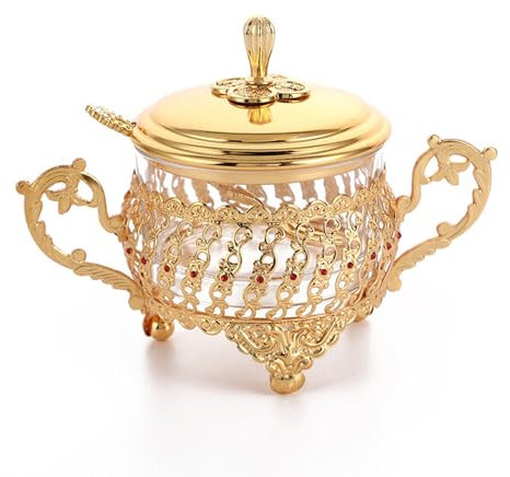 ZGFHLI Azucarero con Tapa, Cuchara Olla De Sal Lujo Caramelos Pimienta Tarro Especias Cuenco para Servir Aleación Vidrio Decorativo Latón Antiguo Organización,Oro