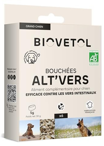 Biovetol - Bouchées Alt'vers - Efficace Contre Les vers Ronds et Les vers Plats - Certifié Agriculture Biologique - 6 bouchées (Grand Chien >20 kg, Unité)