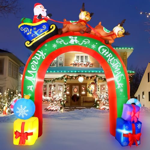 JETEHO Aufblasbarer Torbogen, Weihnachtsmann auf Schlitten mit Rentieren, 3 m