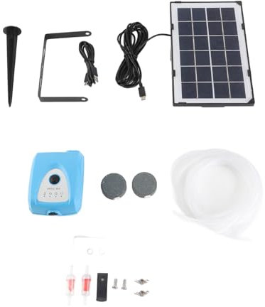Juroupi 6V 3.5W Solar Air Pump Fish Tank Oxygenator with Dual Aquarium Pipe & Air Bubble Stone Outdoor Pond Oxygen Pump Aerator Rechargeable for Fishing Fish Tranportation Small (Black) (Blue)
