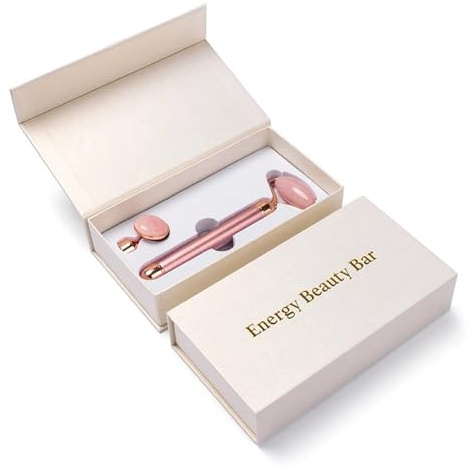 2-in-1 elektrisch vibrierender natürlicher Rosenquarz-Jade-Roller, Gesichtslifting-Kristall-Jade-Stein, Gesichtsroller, Schönheitsmassagegerät(Light red-with Box)