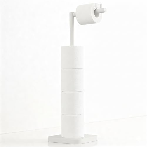 Toilet Roll Holder Free Standing – Toilet Roll Stand for 5 Rolls – Stainless Steel Loo Roll Holder with Heavy Stable Base – Pedestal Free Standing Toilet Roll Holder for Bathroom (White)