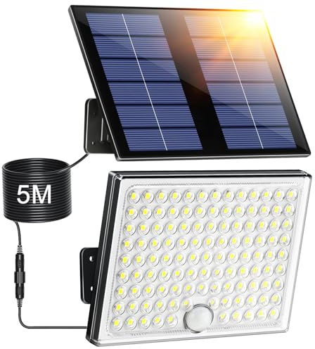 Giliwosy Faretto Led da Esterno Solare con Sensore di Movimento, Luce Solare Led Esterno con 113 LED 2000mAh 4 Modes IP65 Impermeabile, Luci Solari da Giardino con 5M Cavo, 1 Pezzo