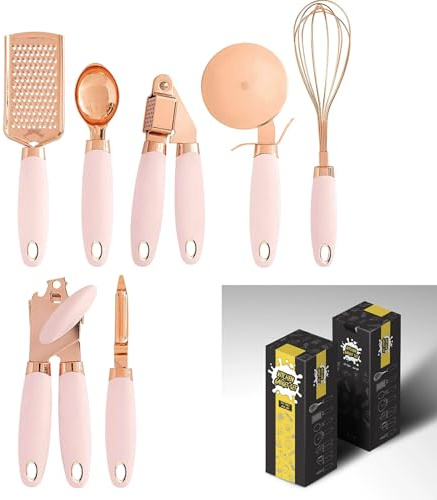 Lot de 7 ustensiles de cuisine en acier inoxydable avec revêtement en cuivre et poignées noires douces au toucher (rose)