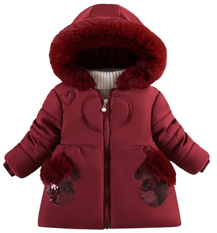 FEOYA Bébé Veste Coupe Vent Legere Fille Blouson Épaississement À Capuchon Enfant Vetement D'Hiver Mode Manteau Parka Polaire Doudoune Stitch De Ski Mi-Long Épaisse Vin Rouge 3 4 Ans