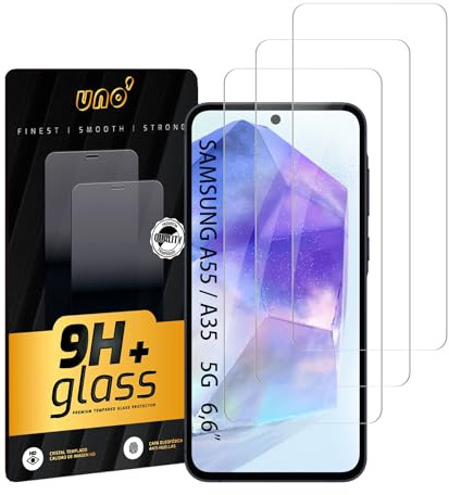 UNO' Pellicola Protettiva in Vetro Temperato per Samsung Galaxy A35 5G / A55 5G (6,5''), 3 Pezzi, Durezza 9H, Antigraffio, Anti Impronte, Alta Sensibilità, HD, Senza Bolle, Compatibile con Cover.