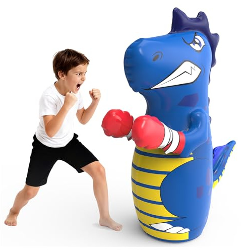 Inflatable Punching Bag for Kids - Unicorn & Dinosaur Bop Bag Toys Gifts for Boys and Girls,Premium 47 Inches Blow Up Bopper with Bounce-Back Action (Blue Dino)