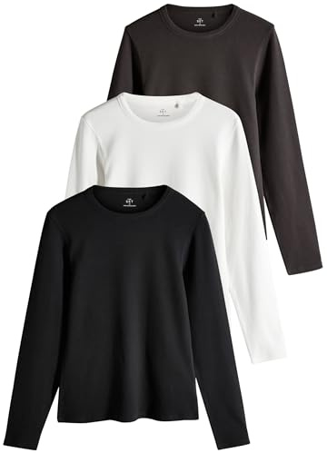 THE SET Femme T-Shirt côtelé à Manches Longues, Lot de 3 Black/Chocolate/Cream M