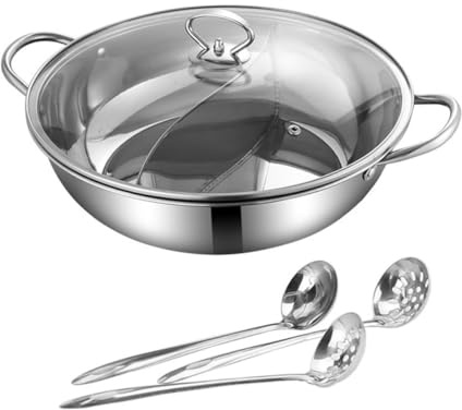 Toyvian Marmite à Fondue Chinoise Inox 32 Cm Double Saveur Avec Passoire En Acier Inoxydable, Compatible Gaz Et Induction, Batterie Cuisine Pour Repas Convivial En Intérieur, Ensemble 4 Pièces
