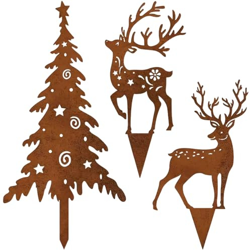 Jenshhch Weihnachtsdeko Aussen Rost Gartenstecker Elch Weihnachtsbaum Gartenfiguren, Roststecker Tannenbaum und Rentier Weihnachten Deko Draußen, Weihnachten Gartenstatuen Gartendeko für Draußen (A)