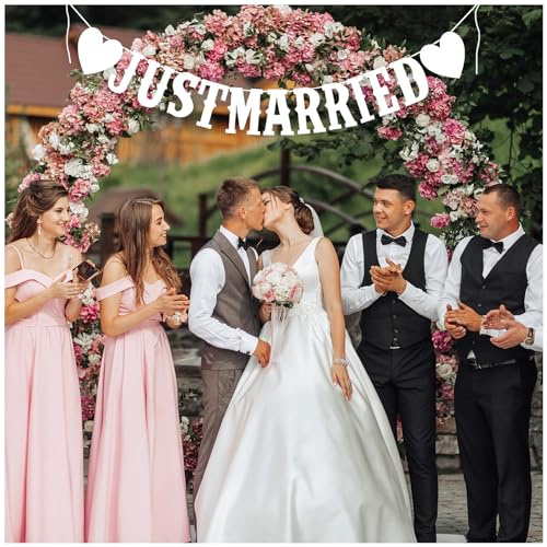 Just Married Deko,Just Married Girlande Hochzeit,Wimpelkette Banner,Vintage Hochzeitsdeko,Hochzeitsbanner Hochzeitsgirlande für Fest Party Brautdusche Junggesellinnenabschied Oder Booth Fotografie