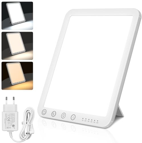 Lámpara de luminoterapia 15000 Lux, Sin UV Lámpara de luz diurna con 3 temperaturas de color, 5 niveles de brillo y 6 temporizador, función de memoria, soporte plegable de 180° ajustable
