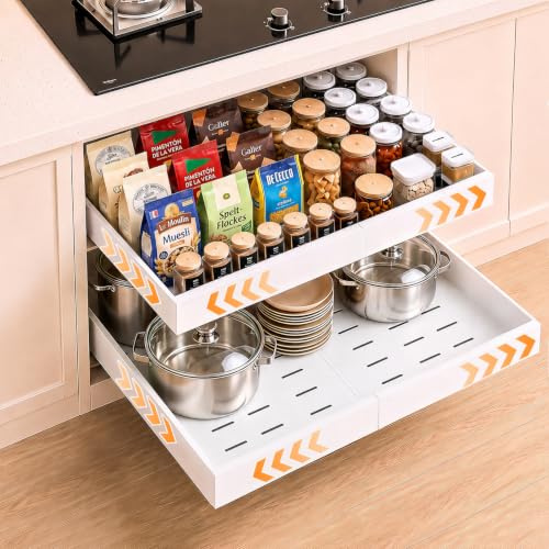 PNNP 2 Stück Teleskopschublade Ausziehbar Küche Schublade: 52 cm tiefe | Ohne Bohren Für Die Nachrüsten Und Organizer Von Schrank verstellbare Breite 32 cm-53 cm | Weiß