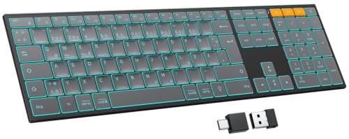 OMOTON Kabellose Tastatur Beleuchtet, Bluetooth + 2,4G, Graphit | Metallgehäuse, Wiederaufladbare, Multi-Device, Funktastatur Leise, Ergonomische, Deutsches QWERTZ Layout für Windows PC/MAC