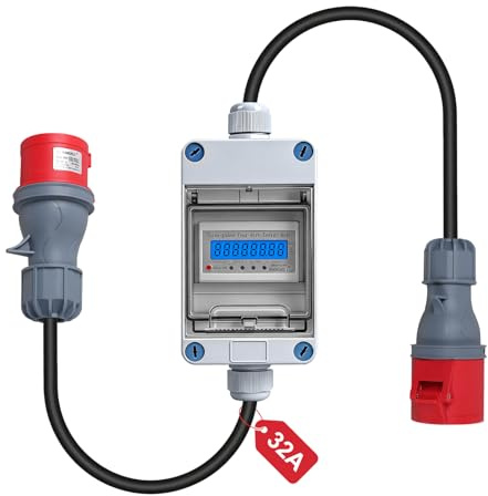 CPROSP 3 Phasen Mobiler Stromzähler 32A 400V, Digitaler Stromzähler Mit CEE Stecker und Kupplung, Drehstromzähler Mit Rückstellfunktion, 3m Kabel, für Wohnwagen, Elektrofahrzeuge, Camping, IP65