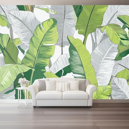 Papier Peint Panoramique 3D Tropical Vert Feuille De Bananier Rayures Blanches - Tapisserie Panoramique Mural - Toison Mur Xxl Tableaux Muraux Photo Décoration Murale 200 X 140 Cm