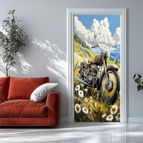 Selbstklebender Türaufkleber 77x200 cm – 3D Türtapete Retro-Motorrad, Blumenillustration – Seide Türposter für Wohnzimmer Schlafzimmer Kinderzimmer Tür Dekoration