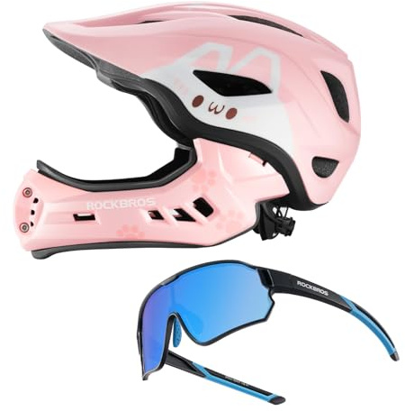 ROCKRBOS Casco Bambini Integrale con Mento Rimovibile + Occhiali Polarizzati UV400 – Set Protezione per MTB e BMX, Dimensioni Regolabili per Bambini e Ragazzi