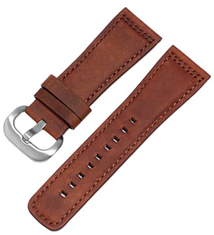 HMFANG Frostat klockarmband i äkta läder, 28 mm, svartbrunt, ersättningsrem, kompatibel med S2 M2 P3 T2-serien, retroklocka, kedja(Brick red silver)