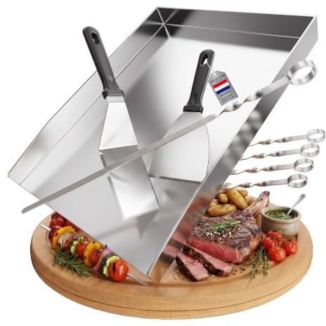 Plaque de cuisson en acier inoxydable - Épaisse et anti-rouille, inclut 2 spatules et 5 brochettes - Pour la plupart des grils à gaz et au charbon de bois (40x30x4CM)