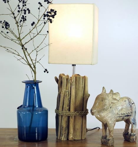 GURU SHOP Tischlampe aus Treibholz und Baumwolle, handgemacht, Modell Kuma | Einzigartiges Design, nachhaltig, ideal für Wohnräume, dekorativ und funktional.