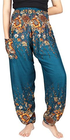 Lofbaz Women's Floral Printed Harem Pants Teal Green L