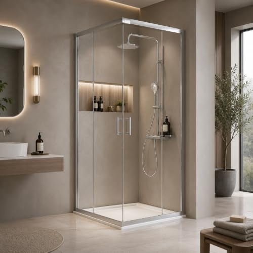 Schulte Sunny Duschkabine Eckeinstieg 90 x 90 cm | Schiebetüren | 190 cm Höhe | 5 mm ESG Sicherheitsglas Klar hell | Chromoptik | Montage auf Duschwanne oder Fliese