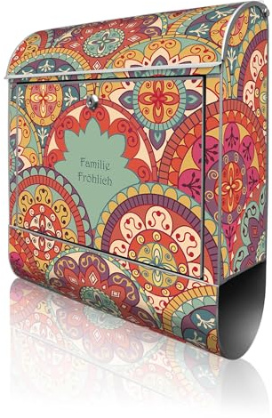 banjado Design Briefkasten personalisiert 38,5x46,5x13cm & 2 Schlüssel - Briefkasten Stahl Silber Zeitungsfach pulverbeschichtet - Postkasten A4 Einwurf inkl. Montagematerial - Motiv Rosetten