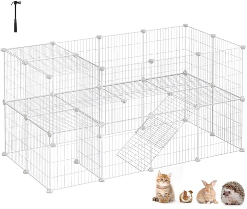 SONGMICS 36 Panels Pet Playpen, Small Animal Playpen, Rabbit Guinea Pig Cage, Zip Ties Included, Metal Wire Apartment-Style Two-Story Pet Premium Villa for Bunnies Puppies, Indoor Use, White ULPI02W