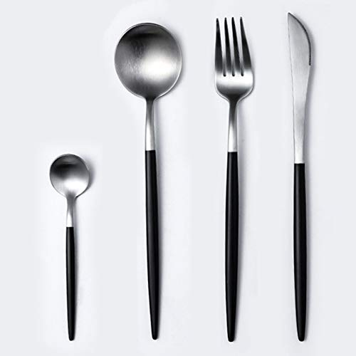 Set di posate da tavola Acciaio Inox 24 pezzi, set di posate in acciaio inossidabile con forchetta a cucchiaio, servizio per 6, lucidatura a specchio e lavabile in lavastoviglie (Nero + Argento)