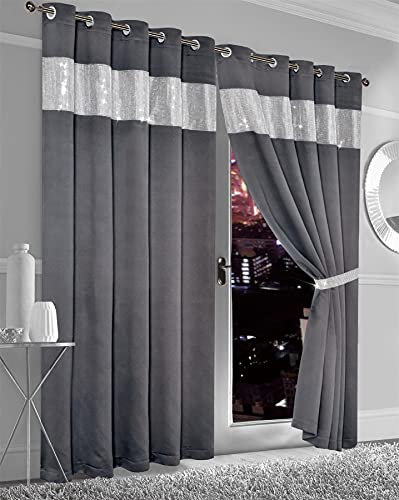 Olivia Rocco Diamante Blackout Eyelet Curtains With Tie Backs Black Out Thermal Ring Top Curtain Pair Window Dressing, 66 (Width) x 90 (Drop) Charcoal