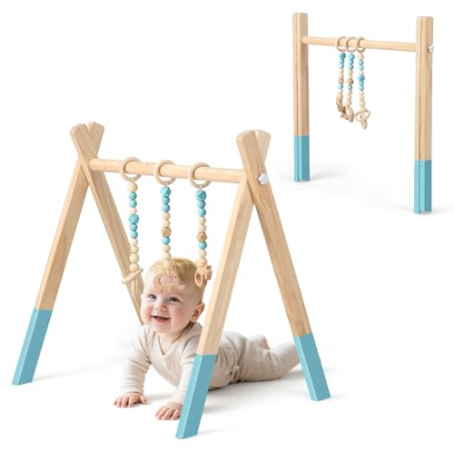 RELAX4LIFE Spieltrapez aus natürlichem Holz, für Baby über 3 Monaten, Spielbogen im nordischen Stil, Aktivitätscenter mit 3 Hängespielzeugen für die Gehirnentwicklung & körperliche Entwicklung (Grün)