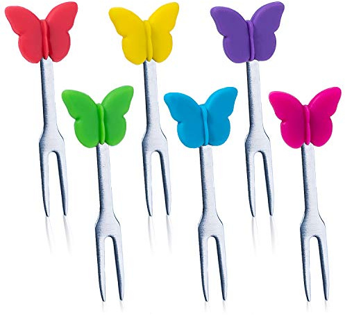 Cocktail Forks, 6-Piece Appetizer Forks, Butterflies, Stainless Steel and Silicone Small Forks for Fruits, Cheese, Appetizers
