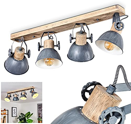 HOFSTEIN Deckenleuchte Orny, verstellbare Deckenlampe aus Metall/Holz in Grau-Blau/Weiß/Natur, moderne Leuchte im Industrial/Retro/Vintage-Design, 4 x E27, Wohnzimmer, Esszimmer, Schlafzimmer, Küche