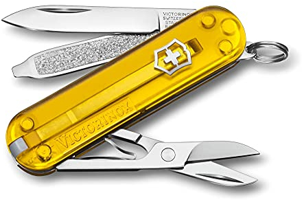 Victorinox, Classic SD, Coltellino Svizzero, Originale, Multiuso, Campeggio, 7 Funzioni, Lama, piccola, Lima per unghie, Giallo Trasparente