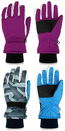 Honoson 2 Pairs Kids Snow Gloves Winter Waterproof Kids Ski Gloves Youth for Girls Boys Outdoor Toddler Snowboard Warm Clothe(Rose and Gray Pattern,6-13 Years)