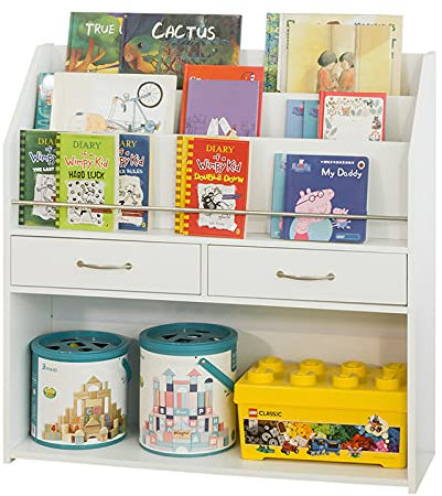 SoBuy KMB39-W Kinder Bücherregal Kinderregal mit Ablagefächern und 2 Schubladen Spielzeugregal Aufbewahrungsregal für Kinder Spielzeug-Organizer Weiß BHT ca.: 85x86x26cm