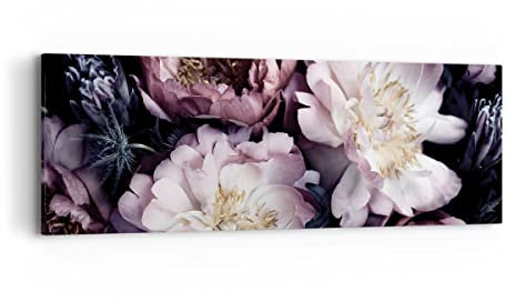 Panorama Bilder auf Leinwand Pfingstrosen Veilchen Blumen Leinwandbild 90x30cm Wandbilder Dekoration Wohnzimmer Schlafzimmer Klein Wanddeko Bild Wand Kunstdruck Art Wall Decor Canvas AB90x30-5076
