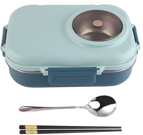 CHICIRIS Isolierte Box, 3 Fächer, Edelstahl Lunchbox, Lebensmittelbehälter mit Löffel, Stäbchen und Suppenschüssel für Büro, Schule, Camping, Erwachsene, Kinder, 37 Oz(Blau)