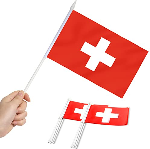 Anley Schweiz Mini-Flagge 12 Stück – handgehaltene kleine Miniatur-Schweizer Flaggen am Stab – lichtbeständig und lebendige Farben – 12,7 x 20,3 cm mit solider Stange und Speerspitze