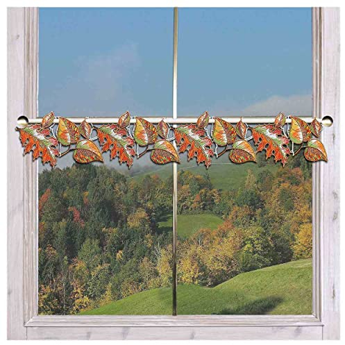 Feenhaus-Scheibengardine Herbst-Laub | feine Bunt-Stickerei Plauener Spitze | hochwertige Spitzengardine Bunte Blätter in Herbstfarben | Mini-Scheibenhänger Goldener Herbst | 14cm hoch, viele Breiten