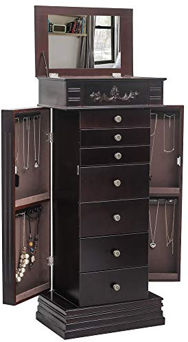 Karl home Brown Standing Jewelry Armoire with Top Flip Mirror, Large Wood Jewelry Cabinet Organizers with 7 Drawers 2 Swing Doors 16 Necklace Hooks, 18.5”L x 12 W x 42”H