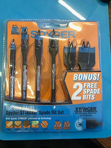 Spyder 8-Piece Assorted Stinger Woodboring Spade Drill Bit Set, Threaded Tips, ¼-inch Impact-Rated Speed Hex