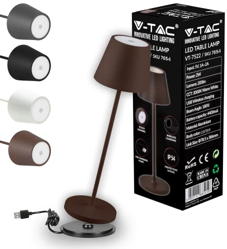 V-TAC Lampada da Tavolo senza Fili LED Dimmerabile in Alluminio – Lampada Marrone Wireless per Uso Interno ed Esterno IP54 da Casa o Ristorante – Design Elegante – Luce Bianca Calda