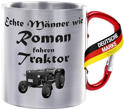 Crealuxe Edelstahltasse mit Karabiner - Echte Männer wie Wunschname fahren Traktor - 330ml, Tasse bedruckt, Kaffeetasse, Bürotasse, Metalltasse mit Name