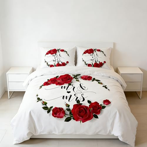 EHAOKK Rote Rose Muster Bettbezug,Romantik Rosen 3 Teilig bettwäsche | Kreative Herzförmiges Rosenmuster,Herren Damen 3D Liebe Rose Bettwäsche mit 2 Kissenbezug 50x75cm(B,135x200cm)