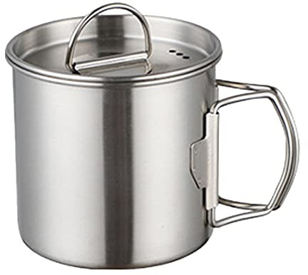 Camping Becher mit Deckel, 11×7.8cm 350ml Edelstahl Titan Tasse | Tragbare Wasser Becher mit Faltbaren Griffen und Waage für Camping Wandern Kochen Picknick
