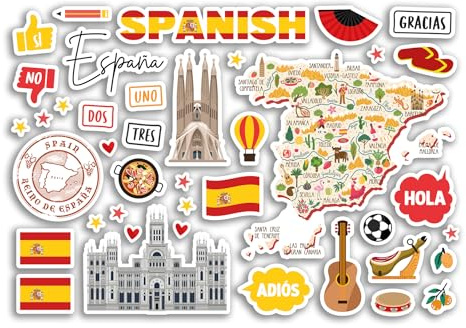 Feuille d'autocollants A5 en vinyle espagnol – Livre d'école, drapeau espagnol, carte, monuments, étudiants, projet, voyage, vacances, scrapbooking #81080
