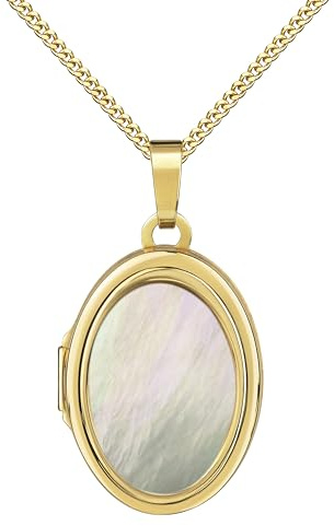 JEVELION Medaillon 333 Gold Anhänger 8 Karat für 2 Bilder mit Perlmutt-Einlage Bild Amulett oval zum Öffnen für Damen mit Halskette und Schmuck-Etui