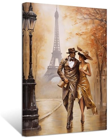 ZXHYWYM Paris Paarbilder Paar das auf der Straße geht Gemälde romantische Leinwanddrucke für Mädchen Schlafzimmer Raumdekoration fertig zum Aufhängen (Bild-2, (30.00 x 45.00 cms))